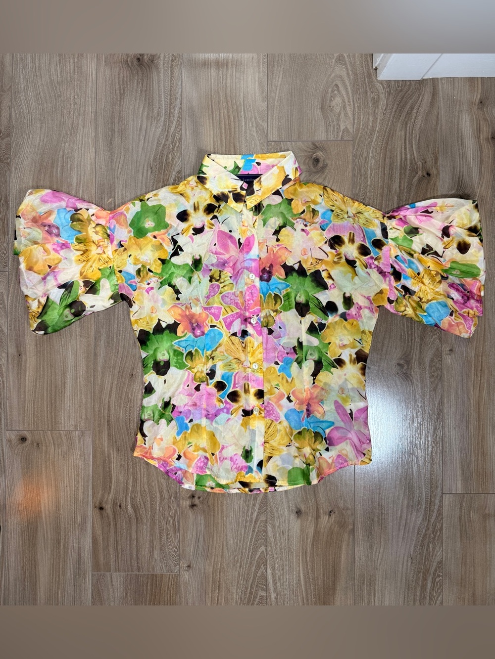 Lumiere Floral Puff Sleeve Silk Button-Up Blouse Shirt M,